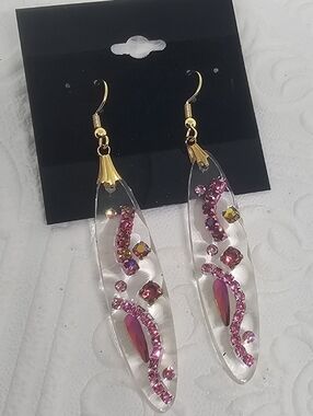 Handmade Clear Resin Drop Earrings with Pink Crystal Accents